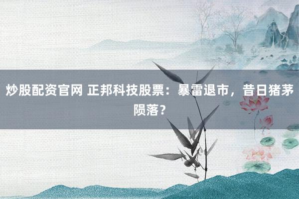 炒股配资官网 正邦科技股票：暴雷退市，昔日猪茅陨落？